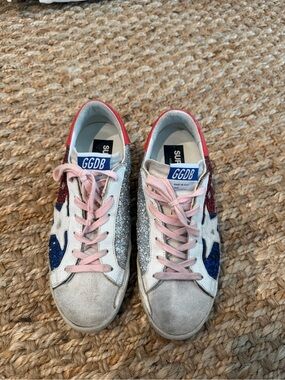 Golden Goose Low-Top Superstar Sneakers with Pink Laces and Glitter Star